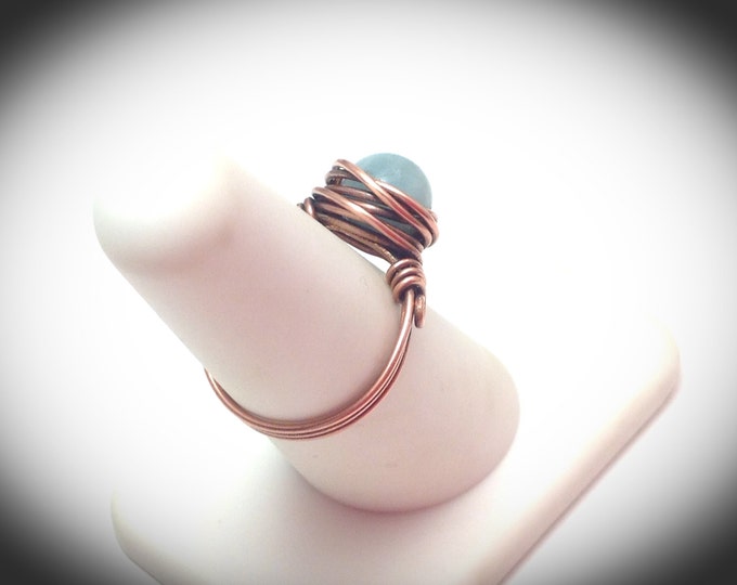 Copper wire wrapped triple band ring with mazonite