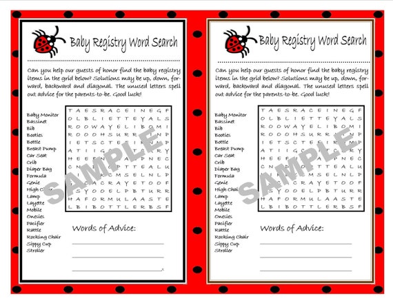 Baby Registry Ladybug-Themed Printable Word Search with Hidden