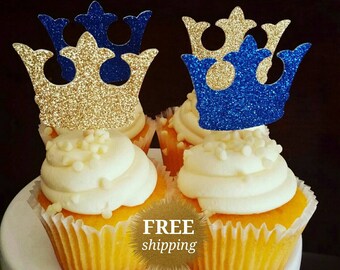 Prince Crown Cupcake Toppers Glitter Crown Toppers Gold Royal Blue Crown Toppers Prince Baby Shower Glitter Royal Prince Decorations