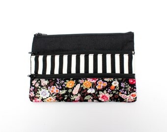 Adorable Floral Pencil case/ Makeup Bag With Three Pockets and Black Zippers 21cm x 14cm