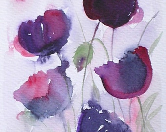 ART Watercolour painting of BLACK POPPIES original art artist Amanda Hawkins 14 x 22cm decorative floral country cottage garden flowers