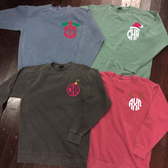 Christmas Monogram or Sorority Comfort Colors Crewneck Sweatshirt with Santa Hat, Reindeer Antlers, Ornament, or Holly