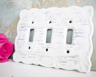 French Light Switch Cover With Script Writing/ Switch Plate Cover 3 Way/Repurposed Vintage/ Home Decor/Wedding/ Shabby Chic