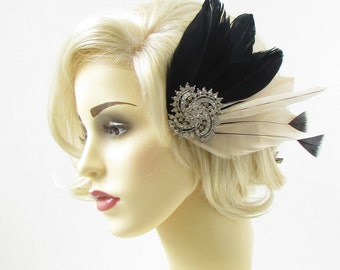 Black Cream Ivory Silver Feather Fascinator Headpiece Diamante Hair 1920s 297