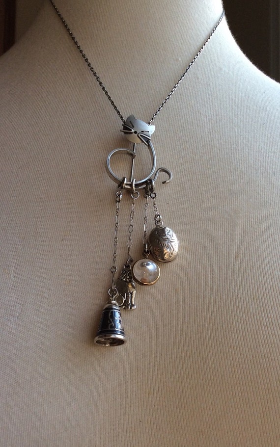 RESERVED Sterling Chatelaine Style Cat Lover Assemblage