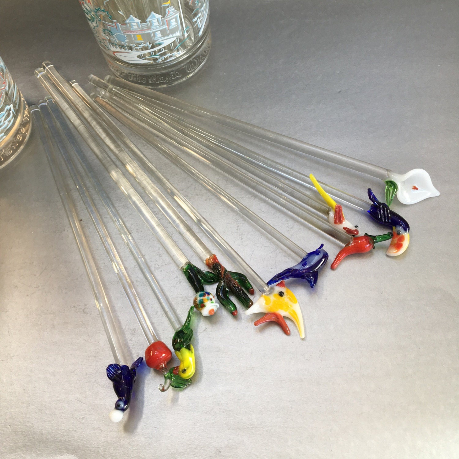Set of 6 Handblown Glass Swizzlesticks Stir Sticks Birds