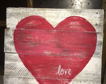Valentines,Rustic wood heart love sign white paint with red heart approx 12x12, valentine sign