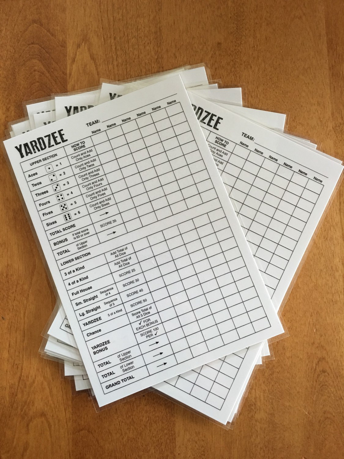 6x9 laminated yardzee score card for outdoor dice game