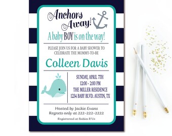 Navy and Teal Nautical Baby Shower Invitation - Anchor Baby Shower - Whale Baby Shower Invite - PRINTABLE