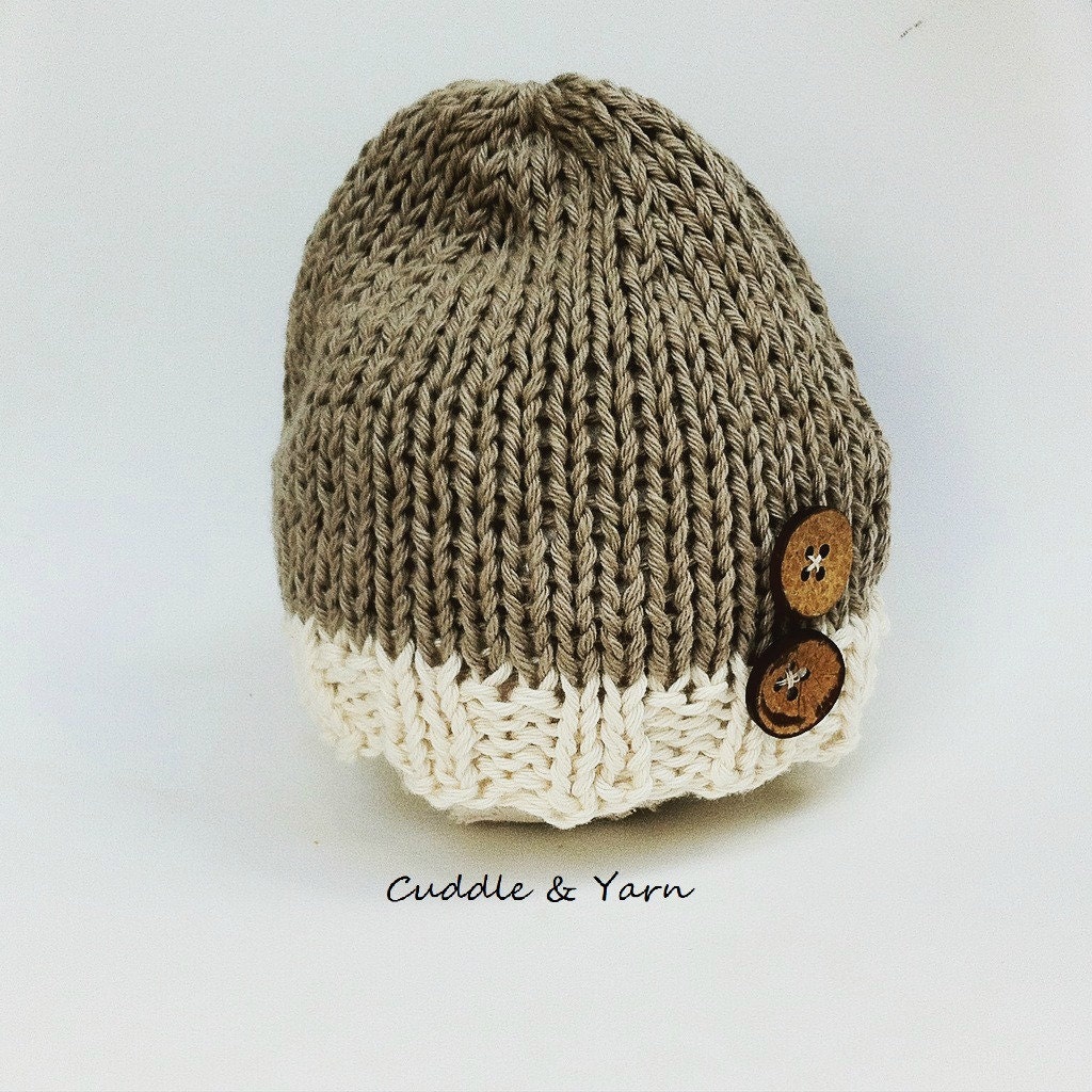 Baby Boy Beanie Newborn knitted Hat with Wood Buttons Light