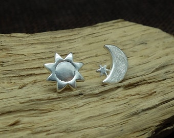 Stud Earrings 'Sun, Moon + Star' Silver, Silver Ear Studs, Romantic Jewelry