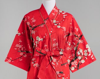 Lined Maternity Kimono Robe • Long robe Maternity Robe • Hospital Nursing • XS - Plus size • Floral cotton GG Light Red Cream Black