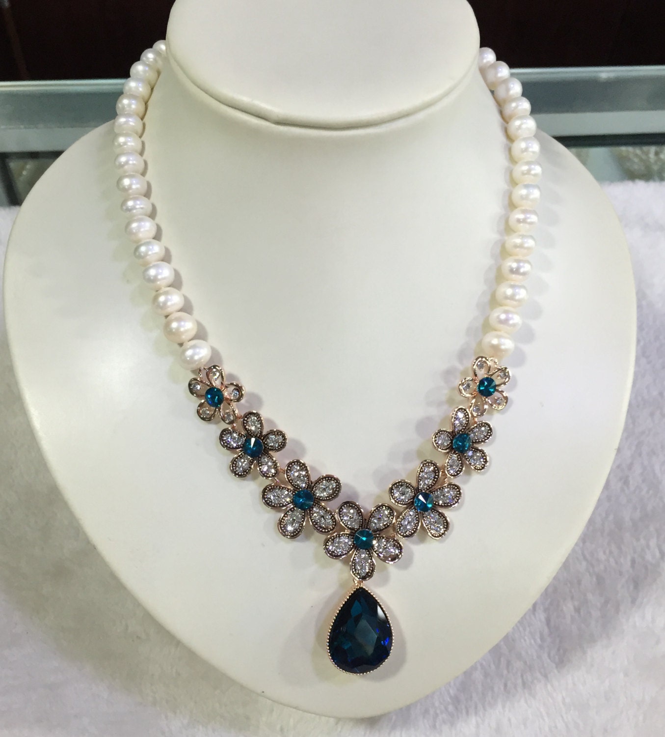 Bridal necklace Blue rhinestone necklace wedding jewelry