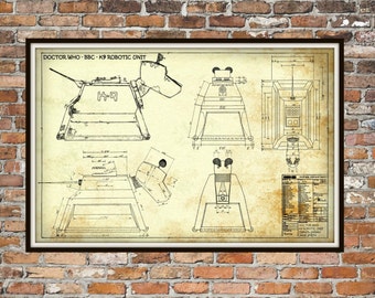 Dr Who K-9, K9 Robotic Unit Print Poster, Dr Who Blueprint, Art of The Tardis, Pet, Whovian Gift - Dog, Companion Print Art Item 0223B