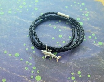 Shark Bracelet, Wrap Bracelet, Shark Gift, Faux Leather Bracelet, Mens Jewelry, Nautical Jewellery, Great White Shark, Ocean Jewelry, Gift