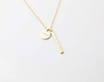 Personalized Vertical Bar Necklace with Name Disc / Coordinate and Name Bar Plate with Initial Disc / Long Necklace Matinee / Gift