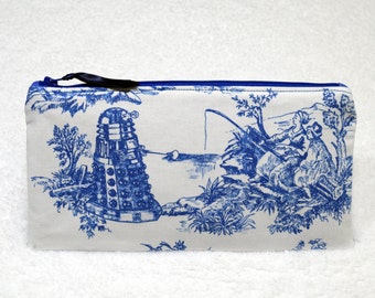 Tardis & Dalek~Toile De Jouy Blue Police Boxes~ Doctor Who~Pencil Zipper Bag~