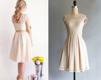 GOSSAMER | Champagne - vintage ivory lace bridesmaid dress. short sleeve lace wedding dress. vintage inspired cocktail dress