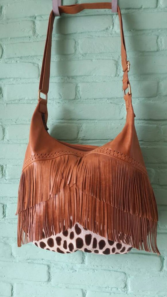 Cowhide fringe shoulder bag boho cowhide leather bag