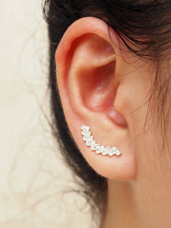 CZ Diamond Curved Ear climber Earrings 925 Sterling Silver