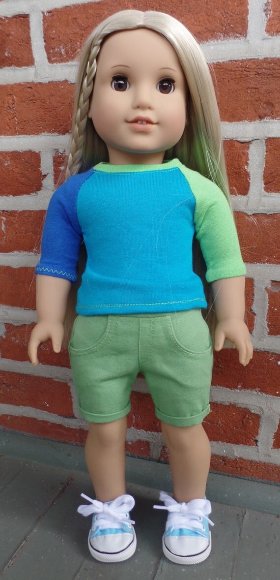 American Girl Doll clothes: green jean shorts with color-block