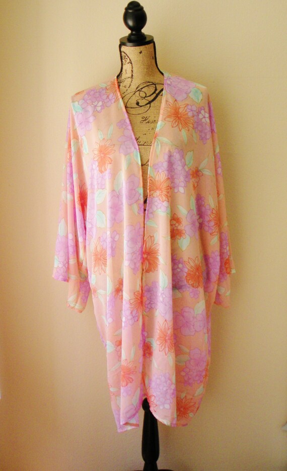 Sale Sheer Summer Peach Floral Kimono Duster