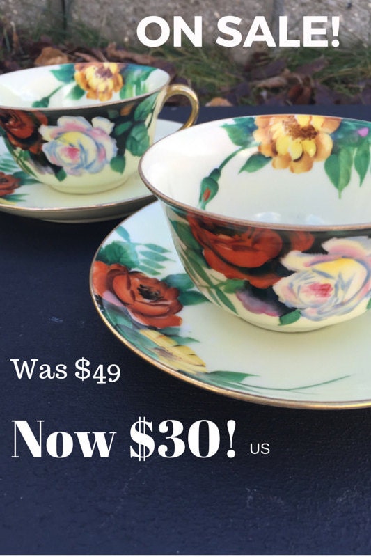 ON SALE Noritake Hand Painted Rose Vintage Teacups and