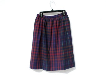 70s/90s Colorful Plaid Wool Skirt High Waist Secretary Mad Men Classic Button Closure Small Skirt