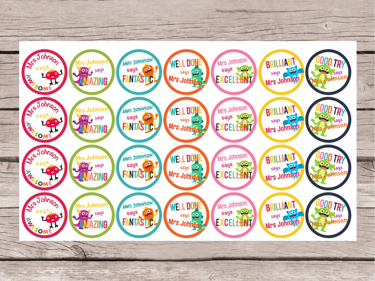 56 personalised teacher reward stickers little monsters