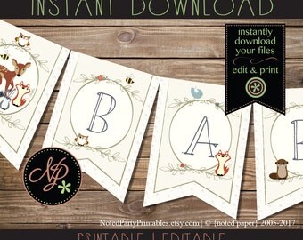 Woodland Baby Shower Banner, Woodland Animals Shower Banner, Woodland Animals Decorations, Instant Download Printable Editable File
