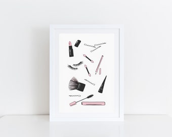 Fashion Illustration Makeup Print Girly Decor Gift For Her Pink and Black Wall Art Makeup Illustration Print Beauty Art Print