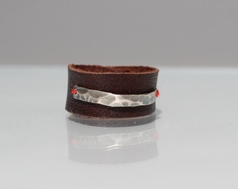 Leather Ring / band - hammered silver accent - red cotton stitch on brown leather
