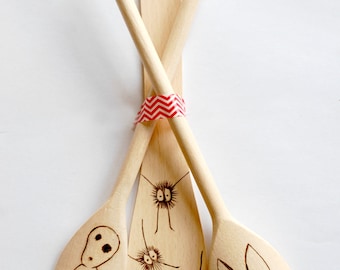 Studio Ghibli - 3 Wooden Spoon Set Utensils - Kodama - Soot Sprite - Jiji - Kiki's Delivery Service - Princess Mononoke - Totoro - Spatula