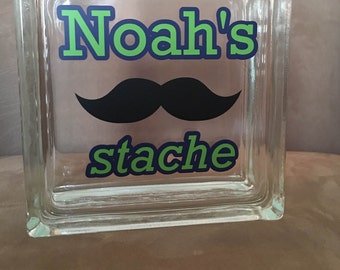 Money Stache Block - 8" x 8" glass block with customized name and mustache - Personalized Money Bank