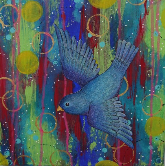 blue bird painting mixed media art colorful bird art