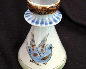 Signed Tonala Mexico Ken Edwards Pottery Candlestick Candle Holder with Bird