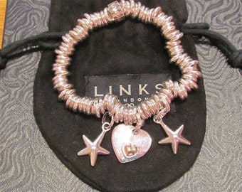 Vintage LINKS of LONDON Sterling Silver " Sweetie " Bracelet with Heart Charm & 2 Star Charms 51 Grams Of 925 Fine Jewelry Sweetheart Bride