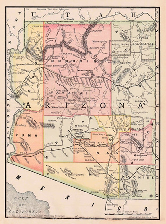 Vintage Arizona map printable digital by AntiqueDigitalPrint