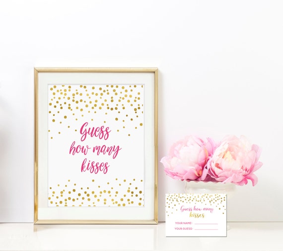 Guess How Many Kisses 8x10 Sign Includes Guess Cards - Azalea Pink and Gold Bridal Shower Game