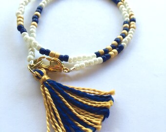 Phi Sigma Sigma Bracelet, Sorority Bracelet, King Blue, Gold, Big Little Bracelet, Beaded Wrap Bracelet, Tassel Bracelet, Morse Code