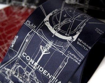 Rocket Blueprint Necktie. Confidential NASA Project Mercury spacecraft men's tie. Declassified document silkscreen print. Space gift.