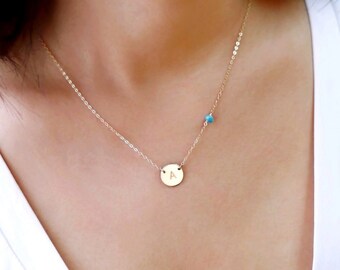 Gold Monogram Necklace and Small Gemstone Bead, Personalized Silver Circle Necklace, Delicate Turquoise Jewelry, Rose Gold Charm Necklace