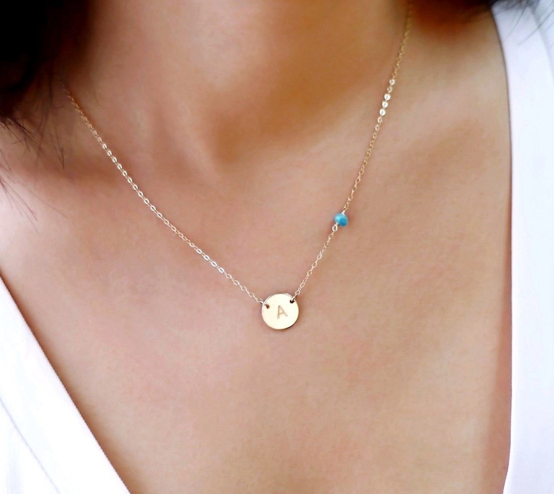 Gold Monogram Necklace and Small Gemstone Bead Personalized