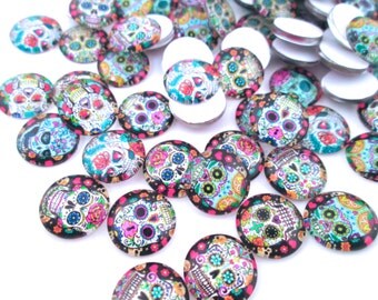 Sugar Skull Day of the Dead Glass Cabochons, "Dia de los Muertos" Cabochons