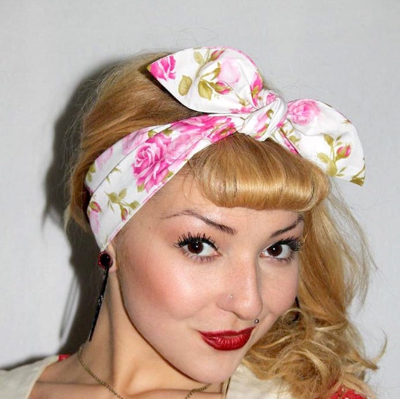 Pink Rose Vintage Style 1950s Head Scarf / Hair tie