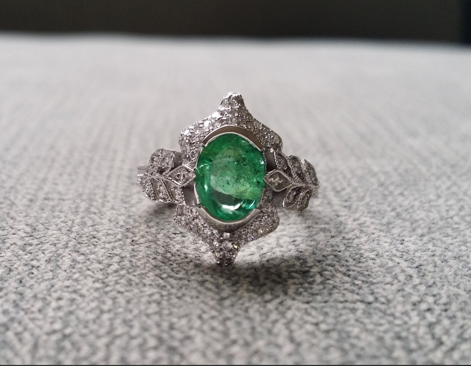 Antique Emerald Diamond Ring Gemstone Engagement Ring Green