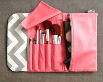 Makeup Organizer. Travel Gift Women. Combined Makeup Bag & Brush Roll in Grey Chevron. Makeup Brush Bag. Makeup Storage Gift. Gift for Women