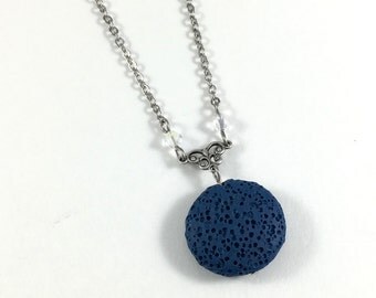 Blue Lava Stone Necklace, Essential Oil Jewelry, Aromatherapy Necklace, Lava Bead Jewelry, Lava Diffuser Necklace, Swarovski Crystals