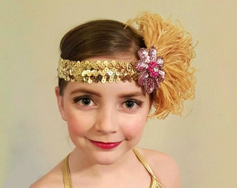 Gold Feather Headband, Bellydance Costumes, Girls Dance Costume, Flapper Feather Headband, Great Gatsby, Pink Feather Fascinator