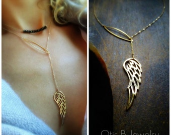 Angel wing Y necklace, lariat necklace, feather, plunging, layering, layered, otis b, briguysgirls, gifts for her